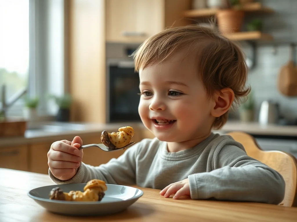 Małe dziecko siedzi przy kuchennym stole i z radością je pieczarkę nabitą na widelec.