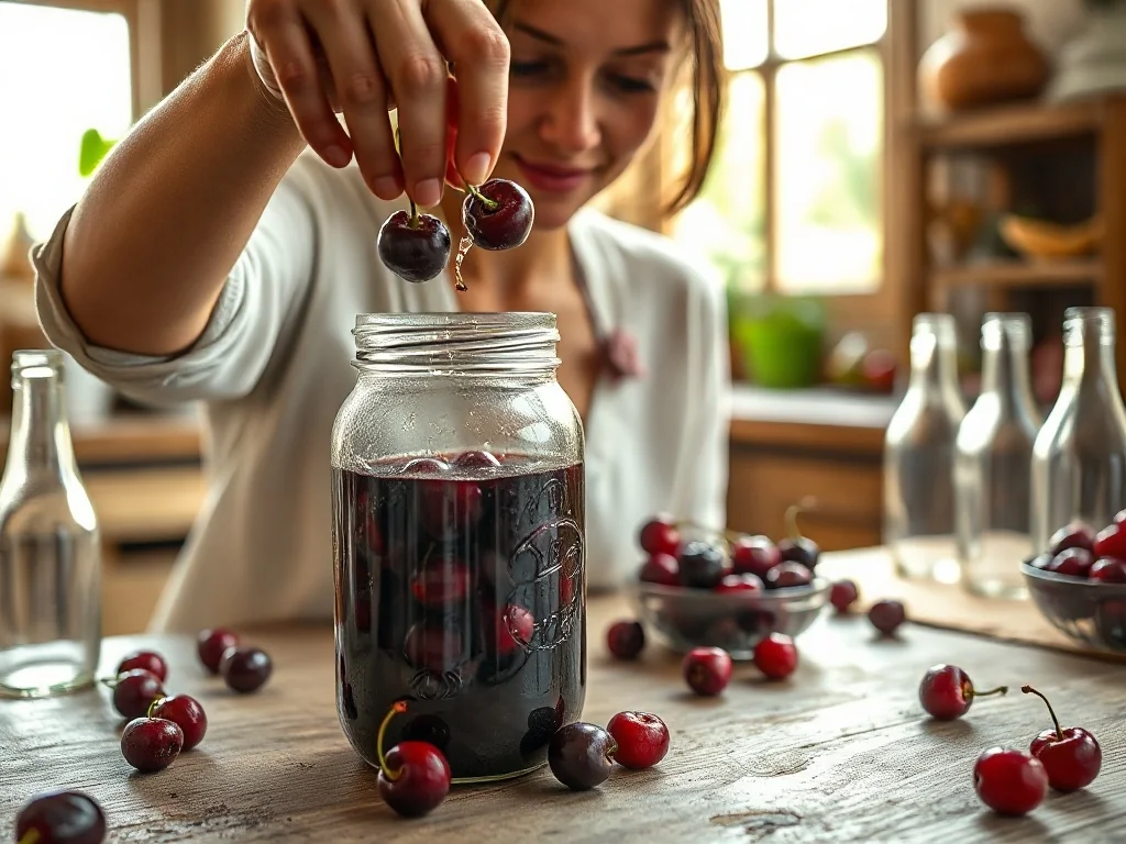 Kobieta wsypuje świeże wiśnie do szklanego gąsiora, przygotowując owoce do domowej fermentacji wina.